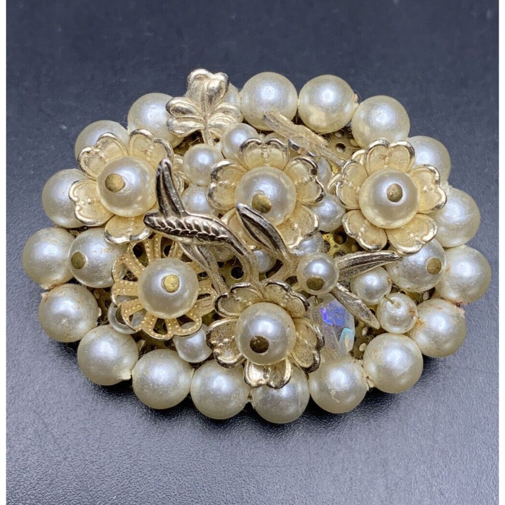 Faux Pearl Cluster Brooch Pin Floral Flower Gold Tone Japan Mid Century Vintage